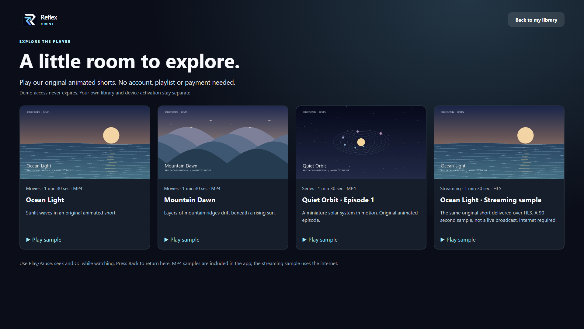 Reflex Omni desktop player with four original demo samples, artwork and clear playback controls.